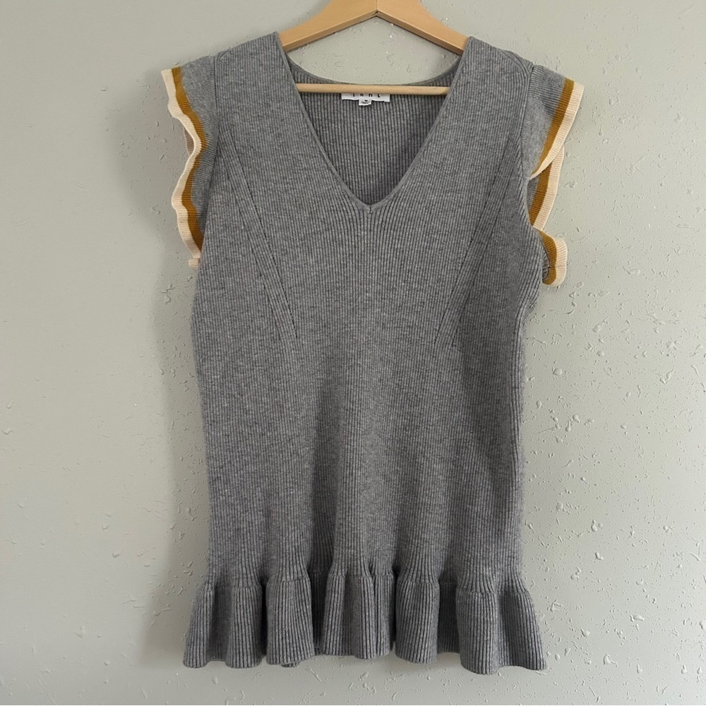 THML Grey Ruffle Sleeve Sweater Blouse Casual Neutral Soft Comfy Medium Stretch